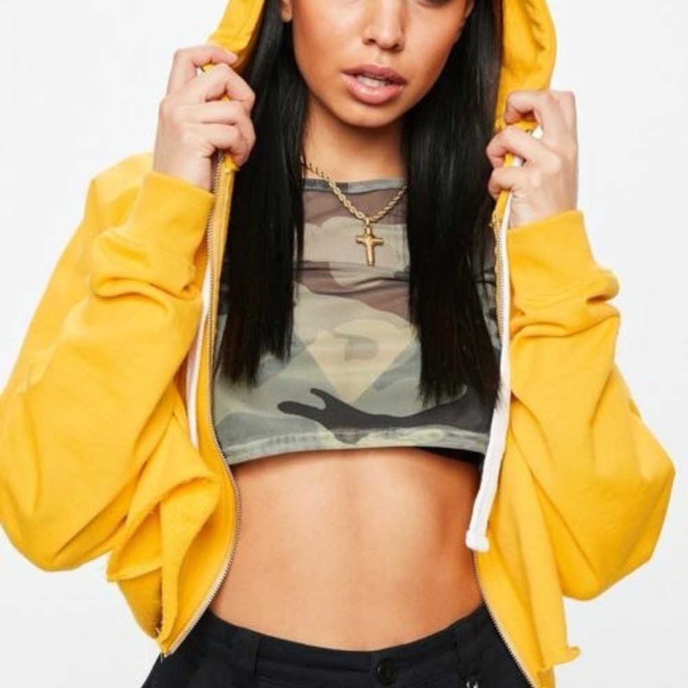 Yellow cropped raw hem hoodie